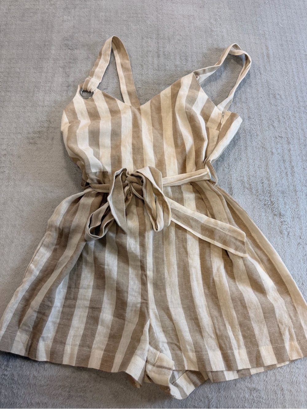Beige Striped Linen Romper with Tie Waist size S